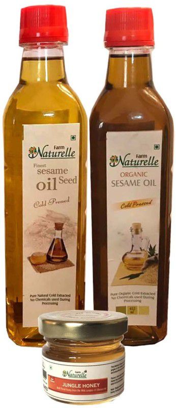 Farm Naturelle 2 Oils Organic Cold Pressed Virgin (Kachi Ghani) Black Sesame Seed Oil (Gingelly/ Til Oil) and White/Brown Sesame Seed Oil (415ml x 2) with Free 40 Gms Raw Forest honey Combo  (2)