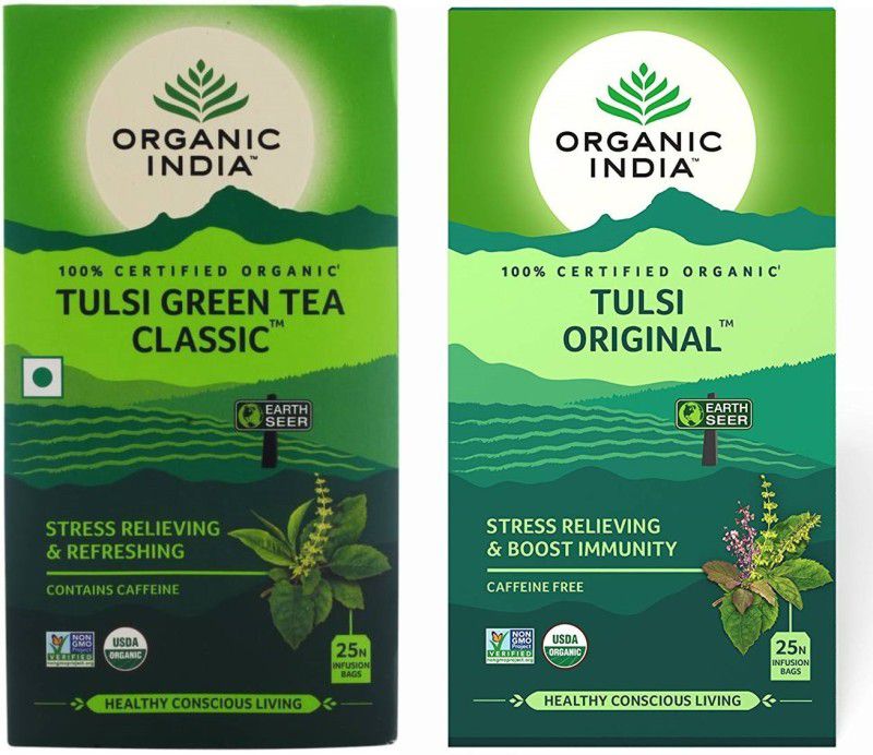 ORGANIC INDIA Tulsi Green Tea Classic 25 Tea Bag & Tulsi Original 25 Tea Bags Tulsi Tea Bags Box  (2 x 25 Bags)