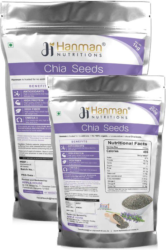 Hanman Nutritions Chia Seeds for Weight Loss 1kg Organic and 250gm Raw Unroasted Chia Seeds for Eating with Omega 3 and Fiber Chia Seeds  (1.25 kg, Pack of 2)