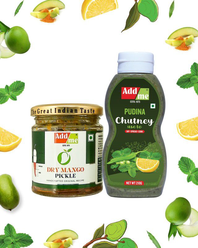 Add me Homemade Dry Mango Pickle 150 gm, sukha aam ka achar & Pudina Chutney 210gm Classic Indian Mint Sauce pani Puri bhelpuri chutneys Mango Pickle  (2 x 180 g)