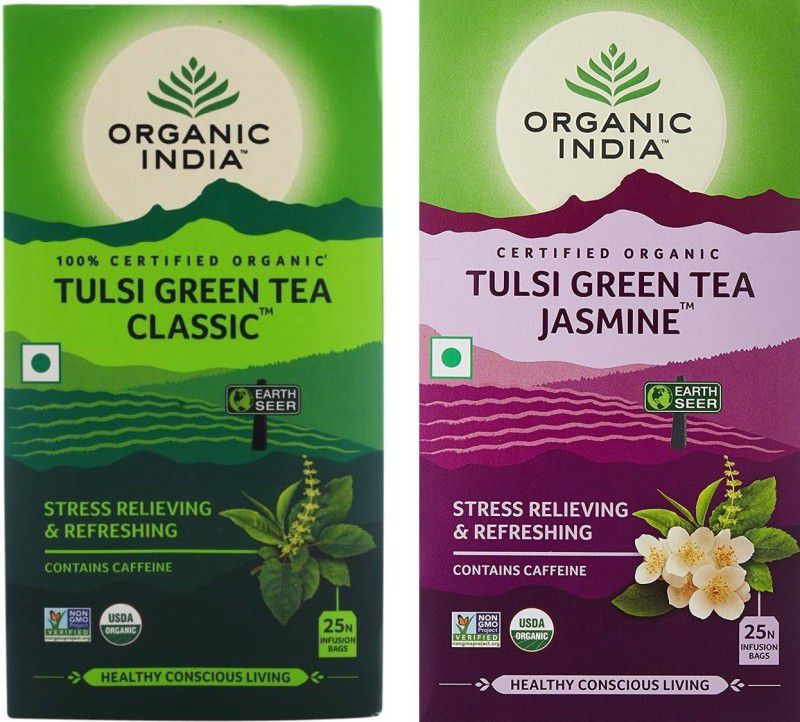 ORGANIC INDIA Tulsi Green Tea Classic 25 Tea Bag & Tulsi Jasmine Green Tea 25 Tea Bag Tulsi Tea Bags Box  (2 x 25 Bags)