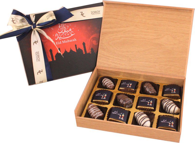 Zoroy Luxury Chocolate Eid Wooden Box of 12 EID MUBARAK dates chocolates Fudges  (120 g)