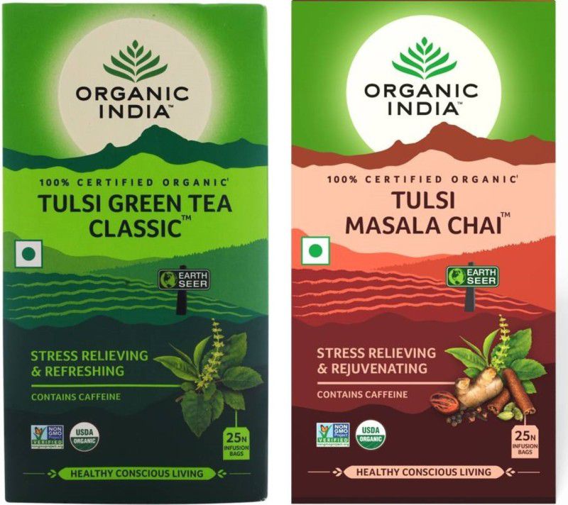 ORGANIC INDIA Tulsi Green Tea Classic 25 Tea Bag & Tulsi Masala Chai 25 Tea Bag Tulsi Tea Bags Box  (2 x 25 Bags)