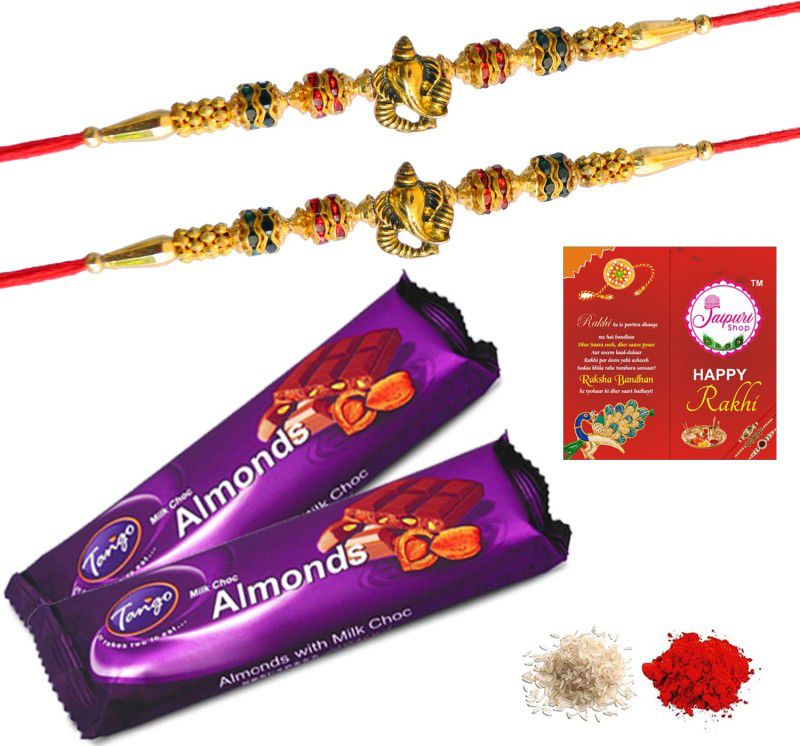 Jaipuri Shop Tango Almonds Milk Chocolate Bar 80g (40g X 2 Pack) With Multicolor Religious Traditional Ganesh 2 Rakhi Set Combo  (5)