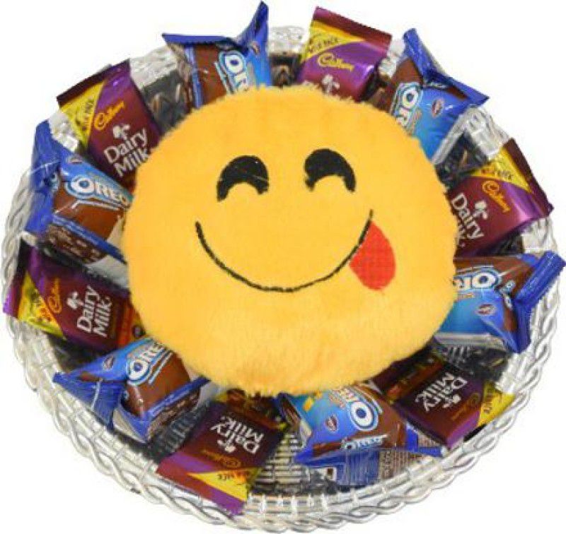 Uphar Creations Cadbury Silver Oreo Designer Basket With Smiley Cushion For Chocolate Lovers | Gift For Your Loved Ones | Combo  (Oreo Biscuits - 6, Dairy Milk Chocolates - 6, Silver Basket-1, Smiley Cushion -1)