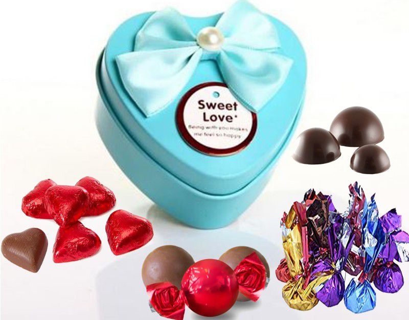 Kinoki Heart Shape Light Blue Chocolate Box with 15 Mix Shape Chocolates for valentine and gift Truffles  (15 Units)