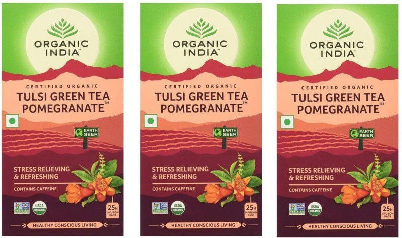 ORGANIC INDIA Tulsi Green Pomegranate Tea Bags Box  (3 x 25 Bags)