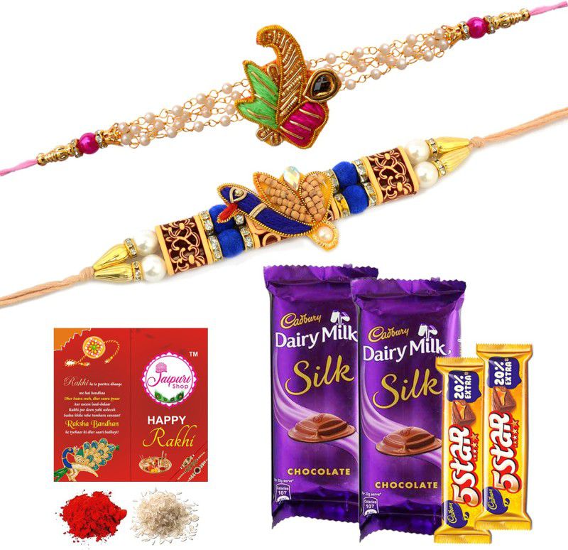 Jaipuri Shop Cadbury - 5Star Chocolate Gift Hamper With Multicolor Traditional Zardozi And Chandan 2 Rakhi Set Combo  (6)