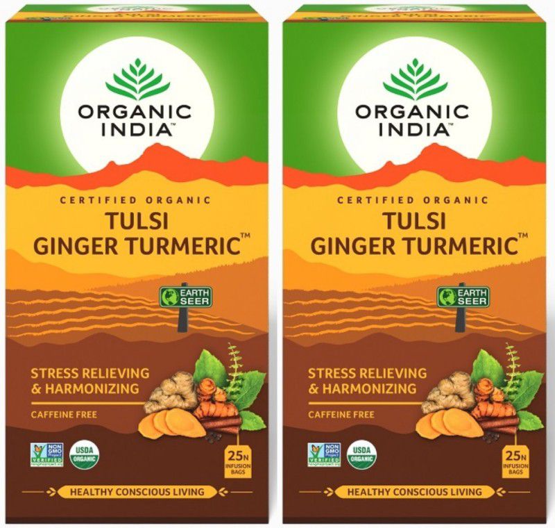ORGANIC INDIA Tulsi Ginger Turmeric 25 Tea Bags ( Pack of 2 ) Ginger Tea Bags Box  (2 x 12.5 Bags)