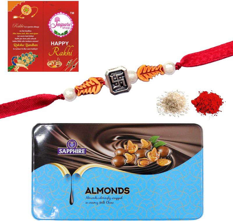 Jaipuri Shop Sapphire Chocolate Coated Almonds 175G 925 Sterling Silver Swastik 1 Rakhi for Brother S-2sSLVRSWSTKSAP175G Combo  (Sapphire Chocolate Coated Almonds 175G, Swastik 1 Rakhi, 1 Set Roli Chawal, 1 Rakhi Greeting Card)