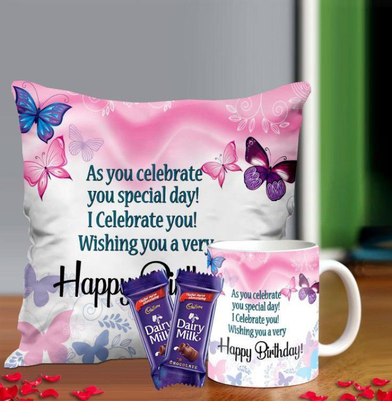 Midiron Birthday gift for Friend, Birthday Gift for Sister, Birthday Gift for Husband, Birthday Gifts, (Cushion, Mug, Chocolate) (IZ21-26) Combo  (2 Chocolate, 1 Cushion with Cover (16*16), 1 Coffee Mug)