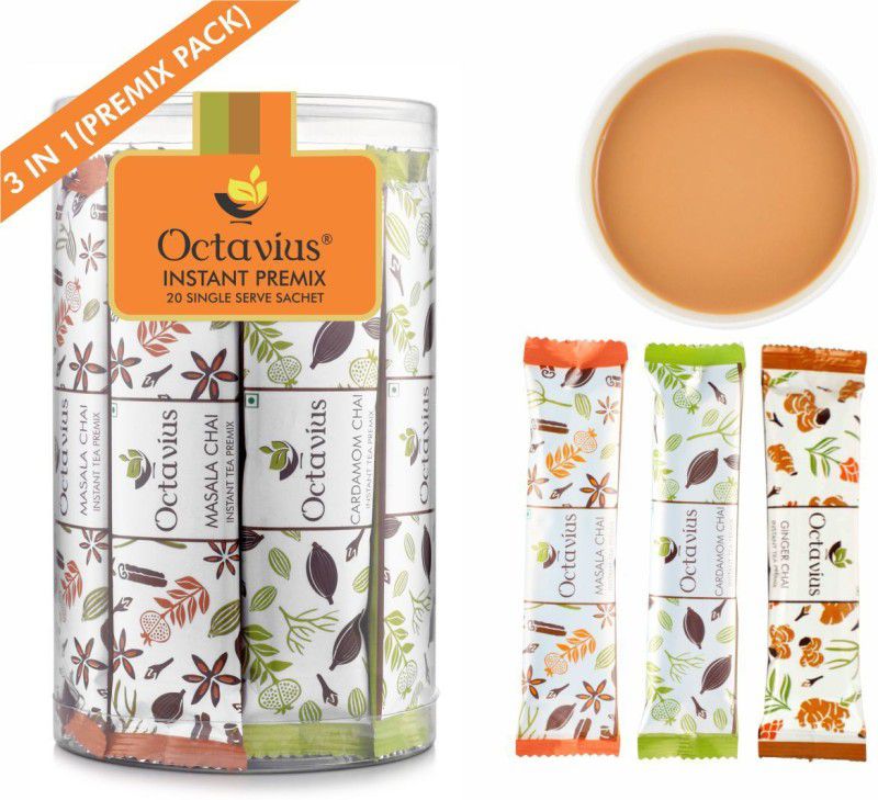 Octavius Assorted Ready Tea ( 3 in 1 ) Variant | Refill Pack - Masala, Ginger & Cardamom Assorted Instant Tea Plastic Bottle  (20 Bags)