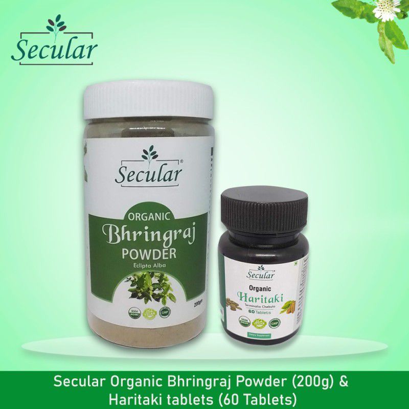 Secular Organic Bhringraj Powder & Haritaki tablets | Best Ayurvedic Combos For Overall Health - USDA Certified Combo  (Bhringraj Powder (200g), Haritaki Tablets (60 Tablets))