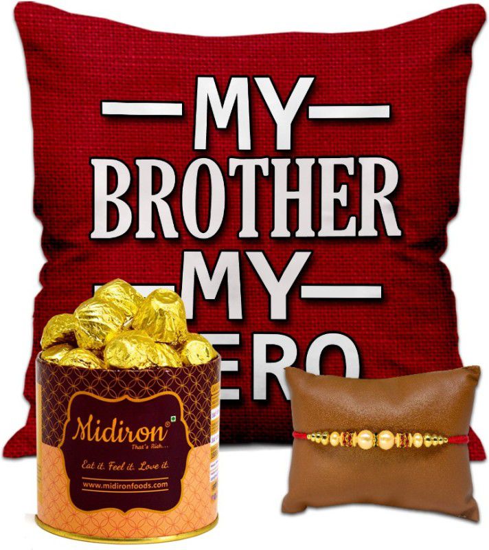Midiron Rakhi Gift Set |Rakhi Gift for Brother|Designer Rakhi with 15 Chocolate Piece Gift Pack for Brother| Printed Cushion| Chocolate Gift for Brother| Chocolate Gift Box IZ21Rakhi82Choco15TinCU16-DTBrother-481 Combo  (3)