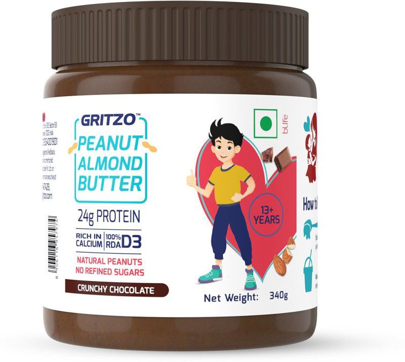 Gritzo Peanut Almond Butter (13+ y), Crunchy Chocolate, 24 g Protein, 340 g