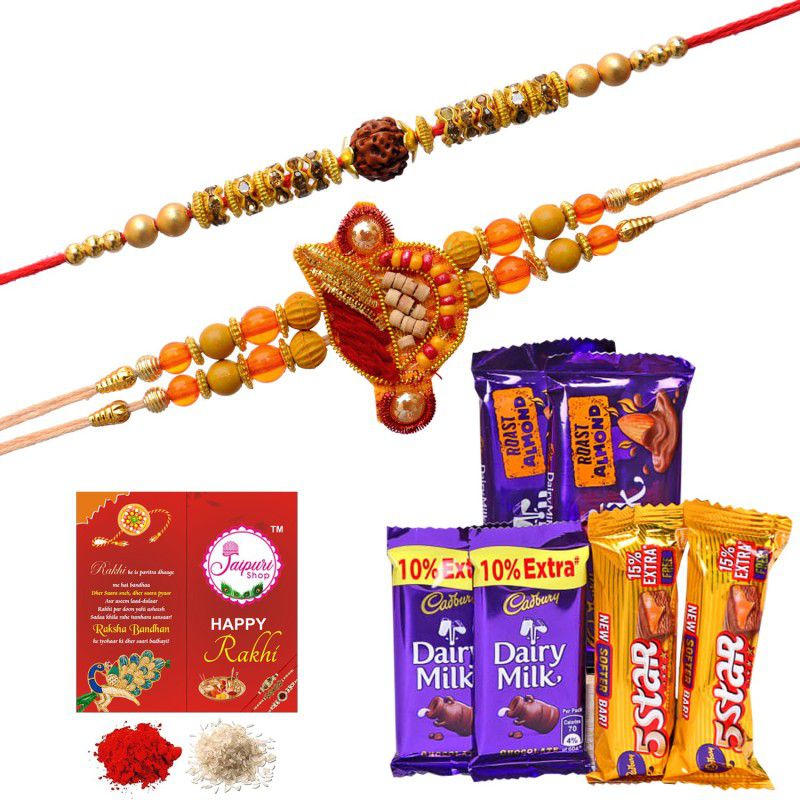 Jaipuri Shop 4 Cadbury Dairy Milk and 5 Star Hamper With Multicolor Traditional Rudraksha-Chandan 2 Rakhi Set Combo  (5)
