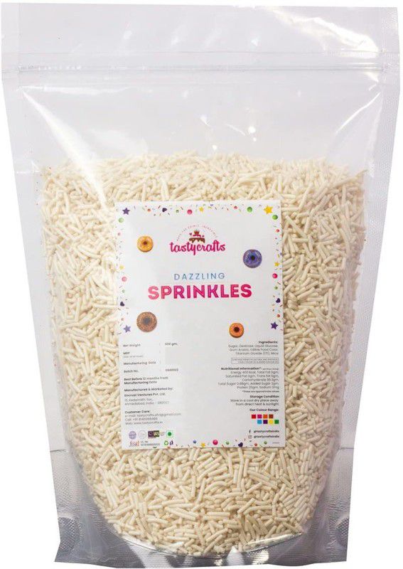 TastyCrafts Vermicelli Sprinkles, 500 GM Edible Sweet Candy Topping Baking Items - White Sprinkles  (500 g, Edible)