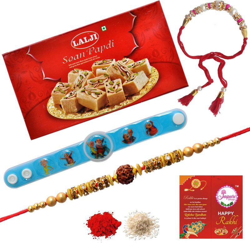 Jaipuri Shop Lalji Soan Papdi 400gm With Multicolor Exclusive Bhaiya-Bhabhi With Motupatalu Kids 3 Rakhi Set - LALSPD30a_1MOTIRUD1MOTICHUDA1MOTUPTALU Combo  (6)