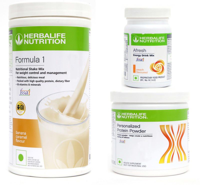 HERBALIFE Super Weight Loss Combo (Formula 1 Nutritional Shake Mix - BANANA Flavor + Personalised Protein Powder 200G + Afresh Energy Drink Mix - PEACH Flavor) Combo  (Protein Shake 500g - Protein Powder 200g- Drink Mix 50 G)