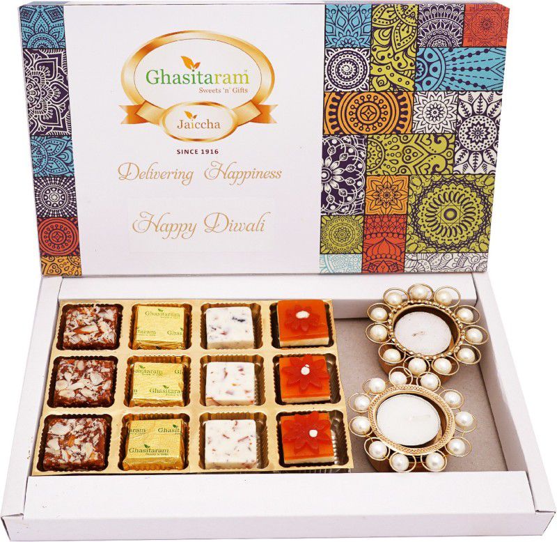 Ghasitaram Gifts Sweets- Festive Box of 12 Bites and T-Lites Combo  (Bites 300gms, 2 T-lites)