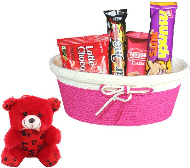 SurpriseForU Chocolate Gift | Valentine's Day Special Teddy Gift | Chocolate Gift Hamper|143 Combo  (Basket-Nestle Classic -Lotte Choco Pie -Munch Nuts-BarOne Teddy)