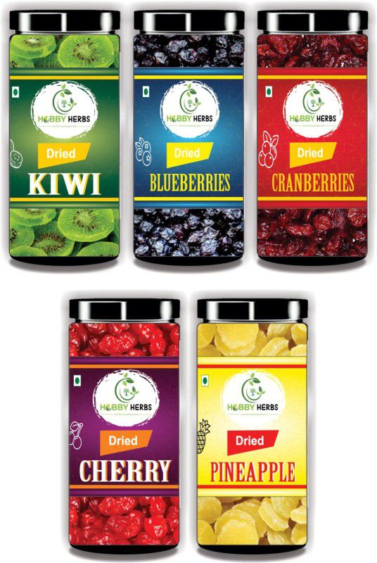 Hobby Herbs Combo of Dried Kiwi , Pineapple , Cherry , Blueberries & Cranberries 500g | Kiwi, Pineapple, Cherries, Cranberries, Blueberry  (5 x 100 g)
