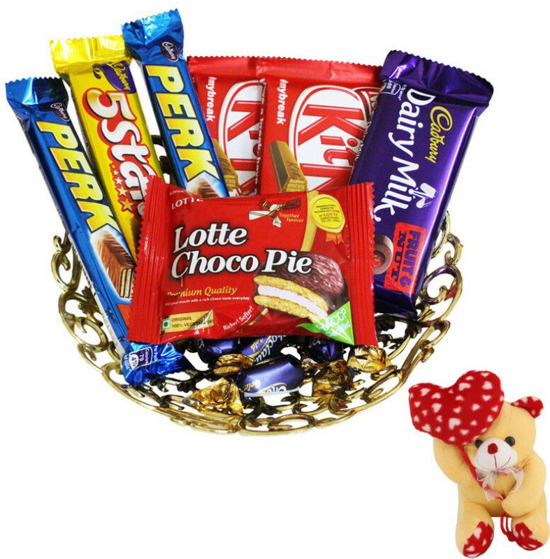 SurpriseForU Heart Teddy With Premium Chocolate Gift For Valentine's Day | 50 Combo  (Lotte Choco Pie,Perk,Kitkat,5Star,Dairy Milk Fruit N Nut,5 Choclairs)