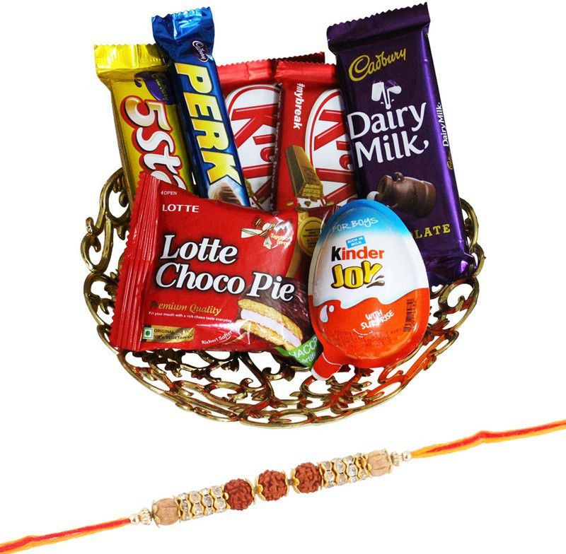 Cadbury Gift Hamper Set Of Chocolate Bars & Rakhi | 3 Rudraksha Rakhi For Brother | Chocolate Gift For Rakhi | Rakhi Gift | 3RDR21 Combo  (1 Basket-1 Perk-1 5Star-2 KitKat-1 Dairy Milk-1 Kinder Joy-1 Lotte)