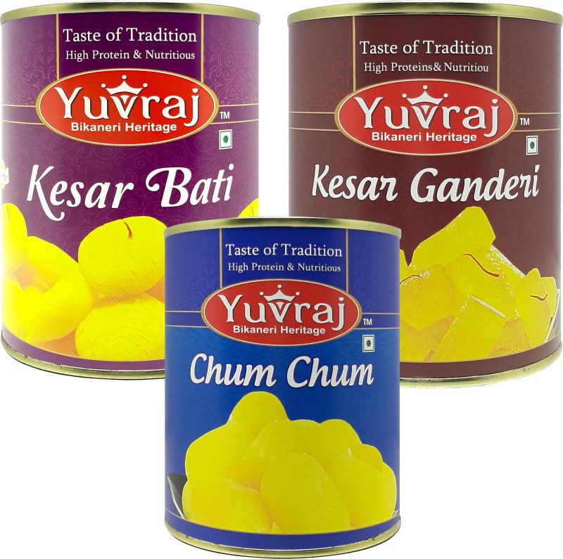 Yuvraj Food Product Sweets Cham Cham | kesar Ganderi & kesar Bati combo pack of 3 (1 KG x 3 ) Tin pack Tin  (3 x 1000 g)