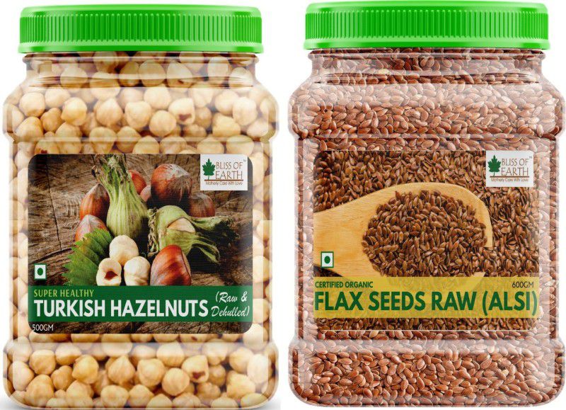 Bliss of Earth Combo Of Turkish Hazelnuts (500gm), Raw & Dehulled, Healthy & Tasty And Organic Raw Flax Seeds (600gm) for Eating and Weight Loss, Rich in Omega (Pack Of 2) Combo  (hazelnuts -500gm, flax seed-600gm)