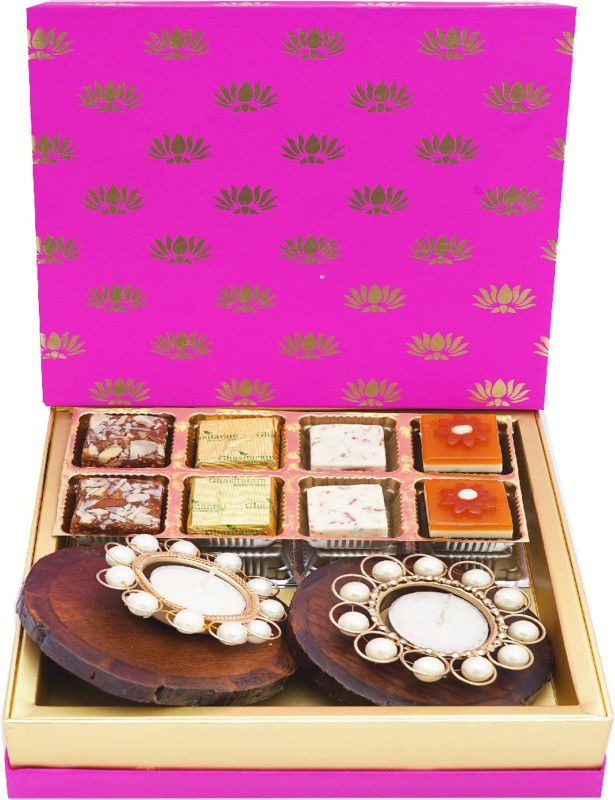 Ghasitaram Gifts Sweets-Festive Pink Box of Bites, 2 wooden Coasters and 2 T-lites Combo  (Bites (200 gms), 2 T-lites, 2 Wooden Coasters)