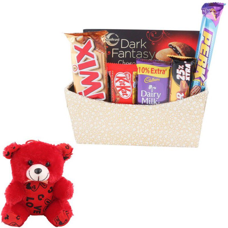 SurpriseForU Chocolate Gift | Valentine's Day Special Teddy Gift | Chocolate Gift Hamper|293 Combo  (Basket-5Star -Dairy Milk -Kitkat -Dark Fantasy -Perk -Twix .Teddy)