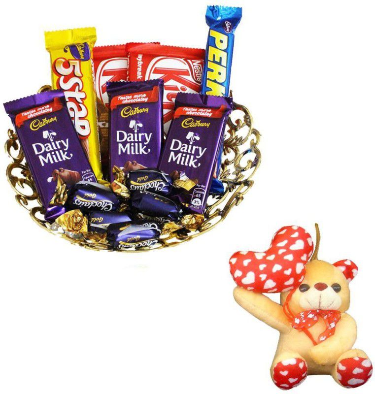 Cadbury Happy Anniversary Teddy With Chocolate Gift Basket | Valentine Surprise Gift Hamper Combo  (1 Basket of 3 Pcs Dairy Milk (13.2g), 1 5 Star (25g), 2 Pcs Kit Kat (12.8g), 1 Perk (13g), 5 Pcs Eclairs, 1 Hear Teddy Bear)