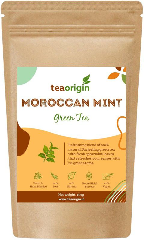 Tea Origin Moroccan Mint Green Tea | 100% Natural Ingredients- Green Tea Leaves & Spearmint Leaves | Rich in Antioxidants & Phytonutrients, Relieves stress, Promotes Immunity | Pack of 2 (100g each) Mint Green Tea Pouch  (2 x 100)