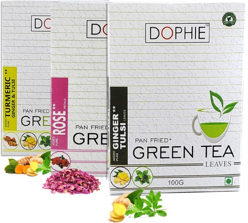 dophie Herbal Green Tea[COMBO-PACK-3 ]Turmeric Ginger Tulsi Green tea-1,Rose Green tea-1,Ginger Tulsi Green tea -1,For Immunity Booster, Weight loss and Overall Health(100g each) Green Tea Box  (3 x 100 g)