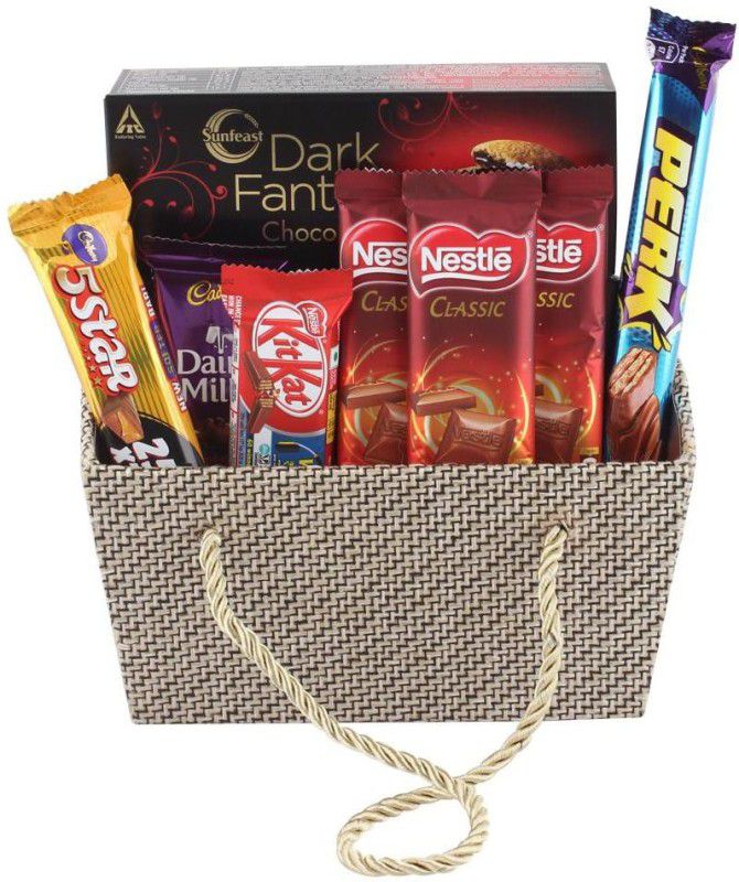 Cadbury Chocolate Gift Hamper | Premium Basket With Chocolates | Chocolate Gift Hamper For Rakhi, Birthday, Christmas, Diwali, Holi, New Year, Anniversary Combo  (1 Designer Handle Basket - 1 (13.2g) - 1 (12.8g) - 1 (25g) - 1 (75g) - 3 (18g) - 1)