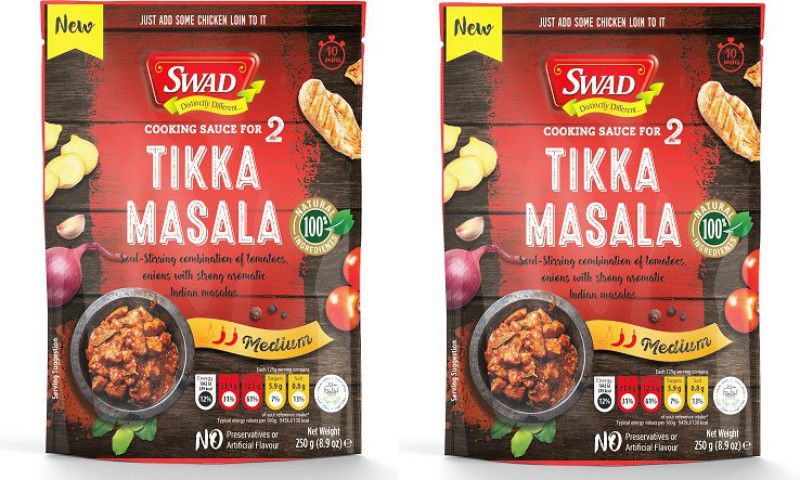 SWAD Cooking Sauce for Tikka Masala | Soul Stirring Combination of Tomatoes, Onions with Strong Aromatic Indian Masalas | Pack of 2 | 250g Each 500 g
