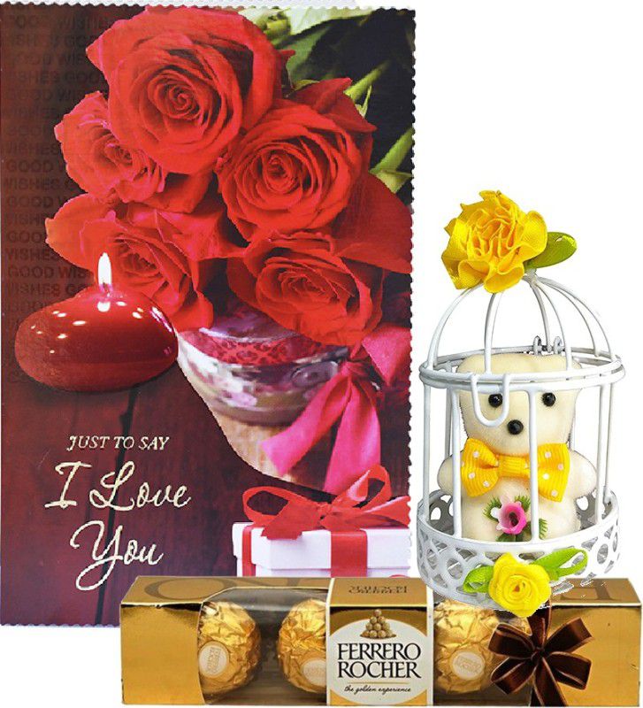 Saugat Traders Gift Pack Of Love Greeting Card With Red Rose Showpiece With Chocolate Combo  (Greeting Card - 1, Teddy Showpiece - 1, Chocolate - 1)