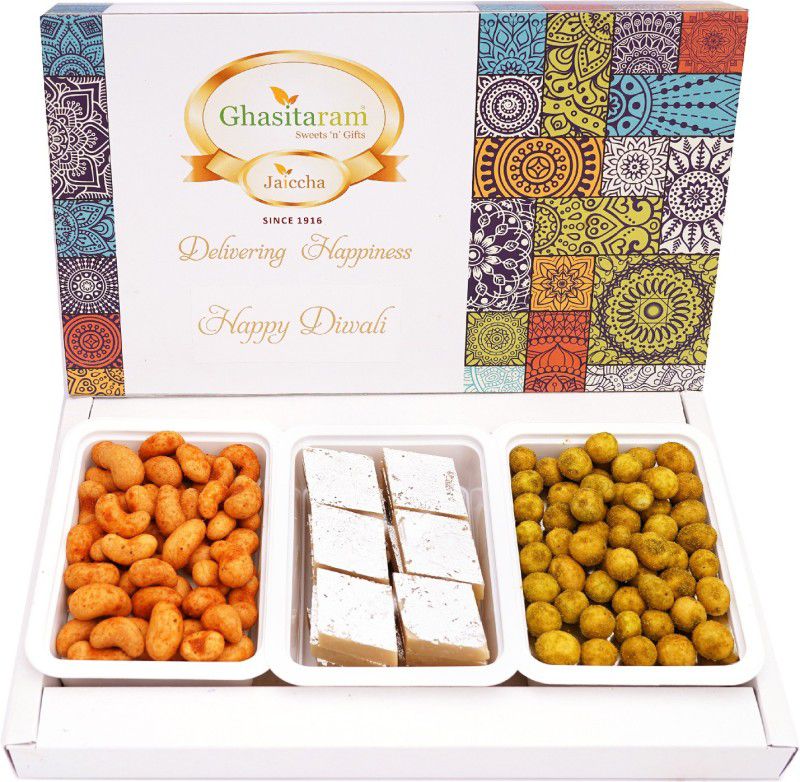 Ghasitaram Gifts Sweets- Festive Box of Kaju Katli, Crunchy Cashews, Crunchy Peanuts Combo  (Pure Kaju Katlis (200 gms), Crunchy Coated Cashews 200gms, Crunchy Coated Peanuts 200gms)
