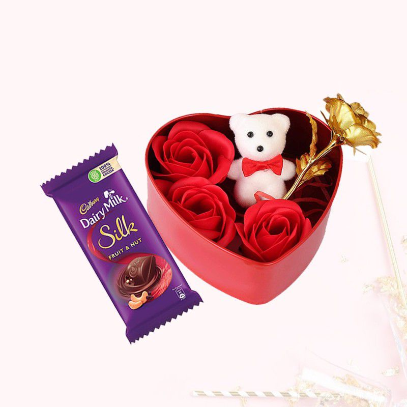 Saugat Traders New Year Gift for Girlfriend, Boyfriend - Love Gift - Surprise Gift Combo  (Heart Shape Box with Teddy, 1 Golden Rose, 3 Red Roses, Chocolate)