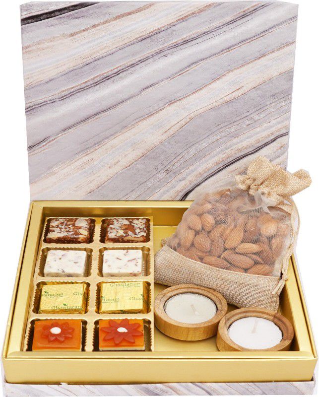 Ghasitaram Gifts Sweets-Marble Box Bites, 2 Wooden T-lites and Almonds Pouch Combo  (Bites (200 gms), 2 Wooden T-lItes, Almonds (200 gms))