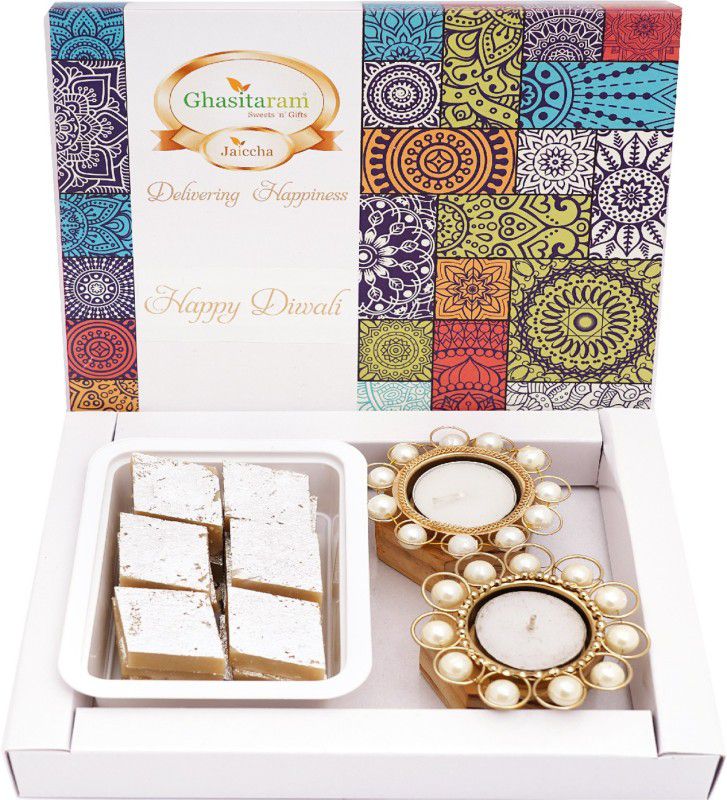 Ghasitaram Gifts Sweets-Festive box of Kaju Katli and T-Lites Combo  (Pure Kaju Katlis (200 gms), 2 T-lites)
