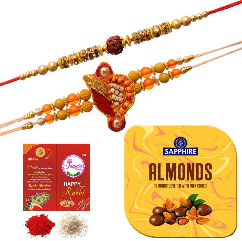 Jaipuri Shop Sapphire Square Tin Almond 90G Chocolate With Multicolor Traditional Rudraksha-Chandan 2 Rakhi Set - SAP90G15_1MOTIRUD1CHAND Combo  (5)
