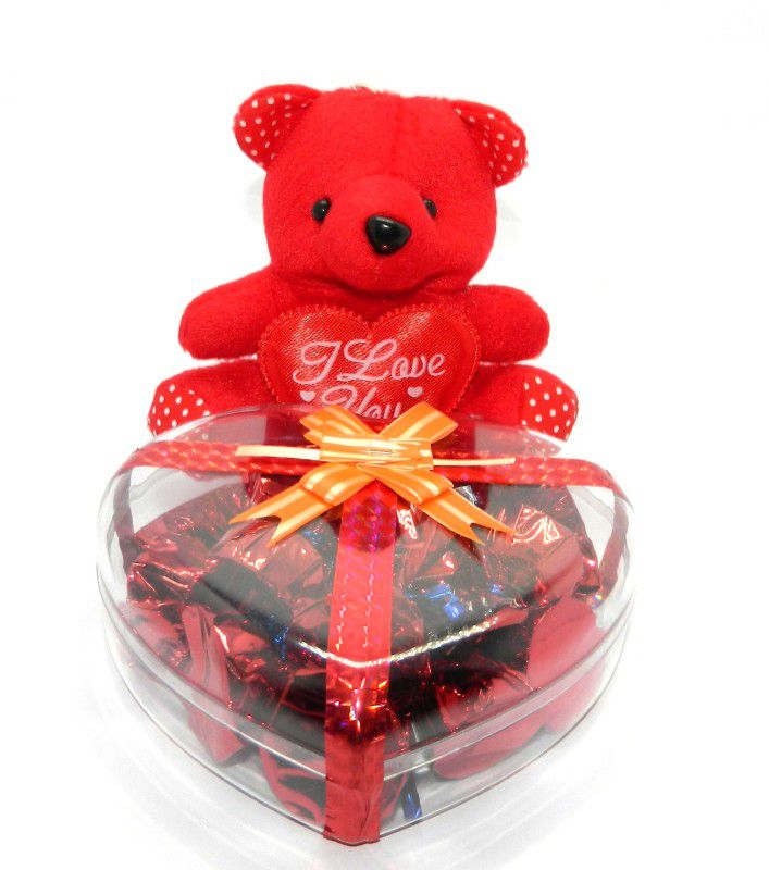 Rich'U Chocolates Heart Shape Acrylic Box With a Cute Teddy Bear Combo  (A Cute Teddy Bear - 1, Chocolates - 15 Pcs, Heart Shape Box - 1)