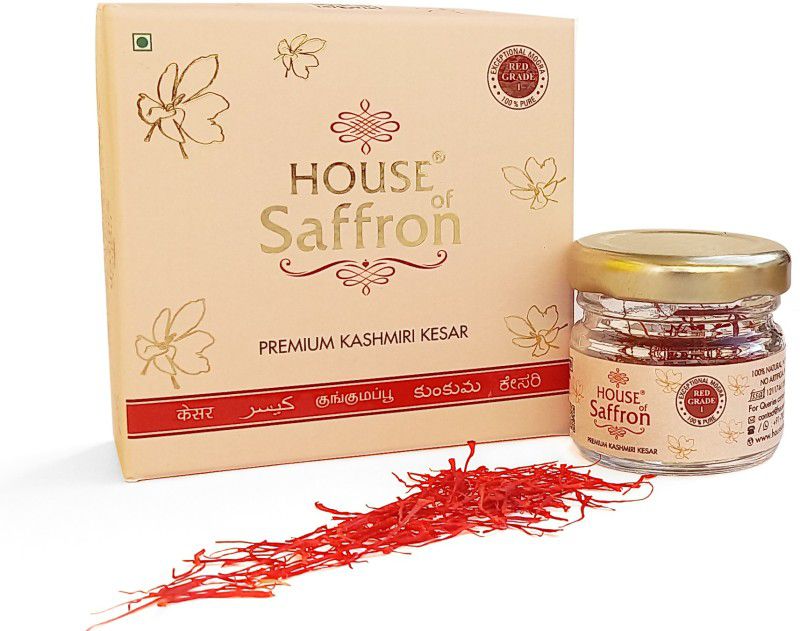 Houseofsaffron 1gram 100% Pure Kashmir Original Long Thread Mogra Saffron Certified Grade A1+++ Premium Natural Kesar Glass Jar  (1 g)