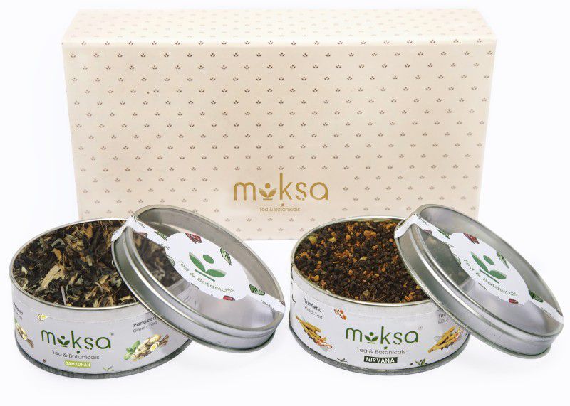 MOKSA Tea Gift Set - Immune Box - 2 Round Caddies in a Tea Sampler Gift Pack Turmeric Green Tea Festive Gift Box  (2 x 100 g)