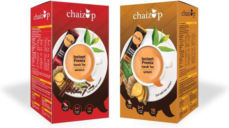 chaizup Instant Masala & Ginger Premix Tea - Pack of 2 X 10 Sachets of Karak Ready to Drink Chai with Low Sugar, hot instant tea anytime anywhere. Easy to Make Tea. Authentic India Tea. Tea with Aroma Instant Tea Box  (2 x 140 g)