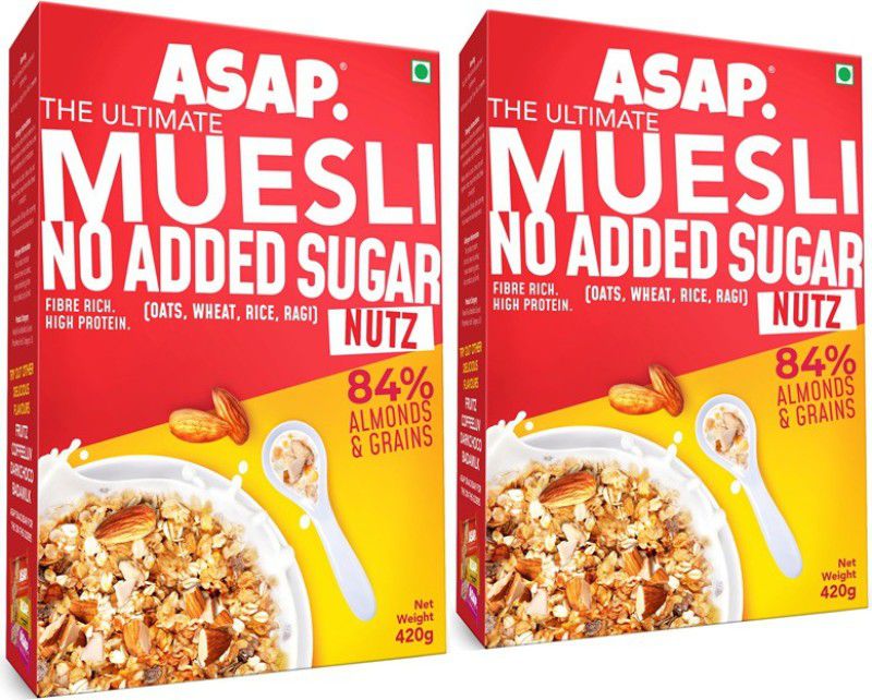 ASAP Wholegrain High Protein Breakfast Muesli with NO ADDED SUGAR, 84% Almonds + 4 Toasted Grains - Oats, Wheat, Rice, and Ragi | Rich in Fibre (420g, Box) : Pack of 2 Box  (2 x 420 g)