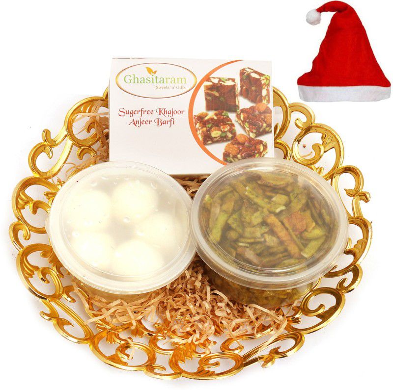 Ghasitaram Gifts Christmas-Gold Carved Basket of Sugarfree Bites, Rasgulla and Palak Chips Combo  (900g)