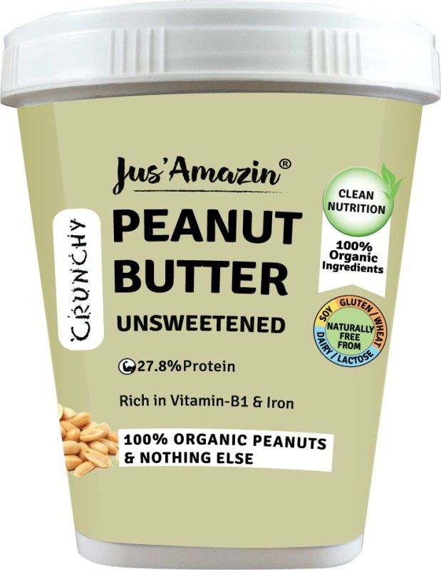 Jus' Amazin Crunchy Organic Peanut Butter-Unsweetened | 28% Protein | Vegan |Clean Nutrition 1 kg